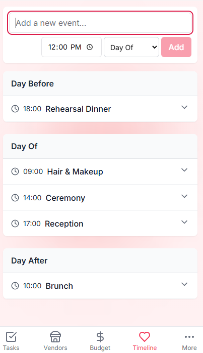 Wedding timeline interface